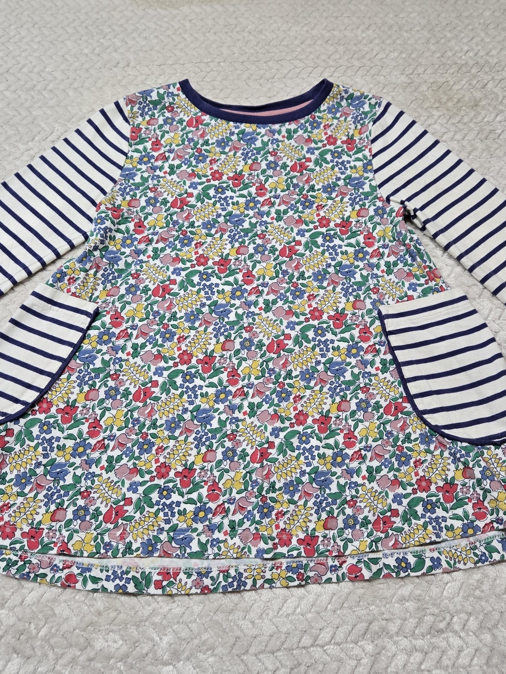 Mini Boden Girls Tunic Dress Stripes Floral Pockets 8-9y 134cm